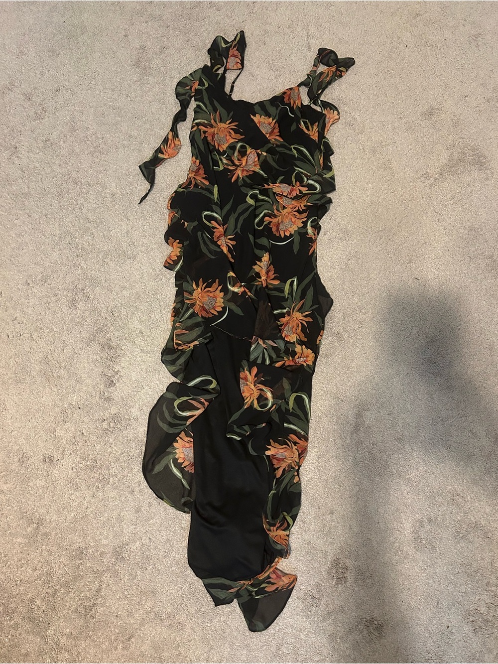 Versona Black High-Low Floral Ruffle Dress with Orange & Green Print